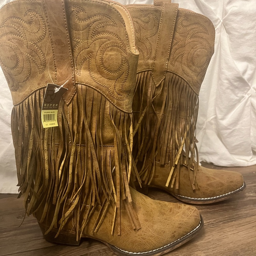 Roper Women's Brown Faux Leather with Fringe Snip Toe Boots, Size 8.5